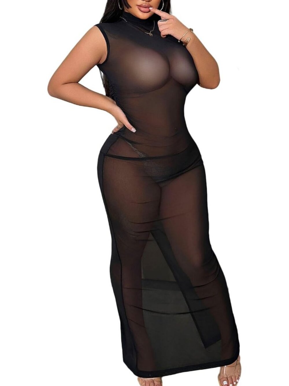 Women's Black Sheer Mesh Dress Beach Pool Vacation Imported Swimsuit Cover Up